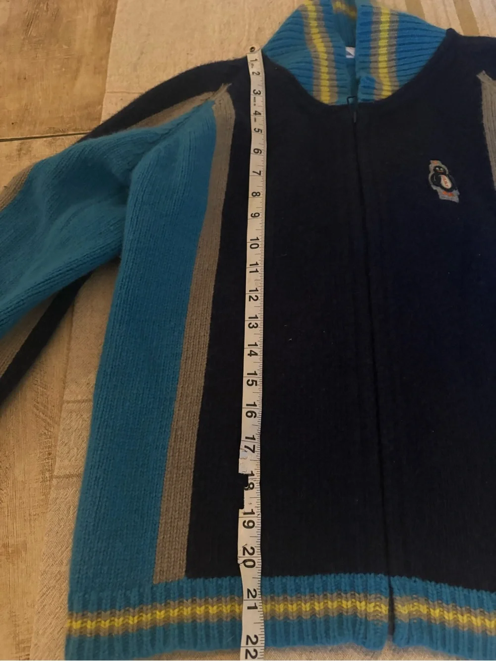 Oilily Kids Navy Blue Yellow Zip-Up Wool Cardigan Zip with Penguin Size 176 - 16